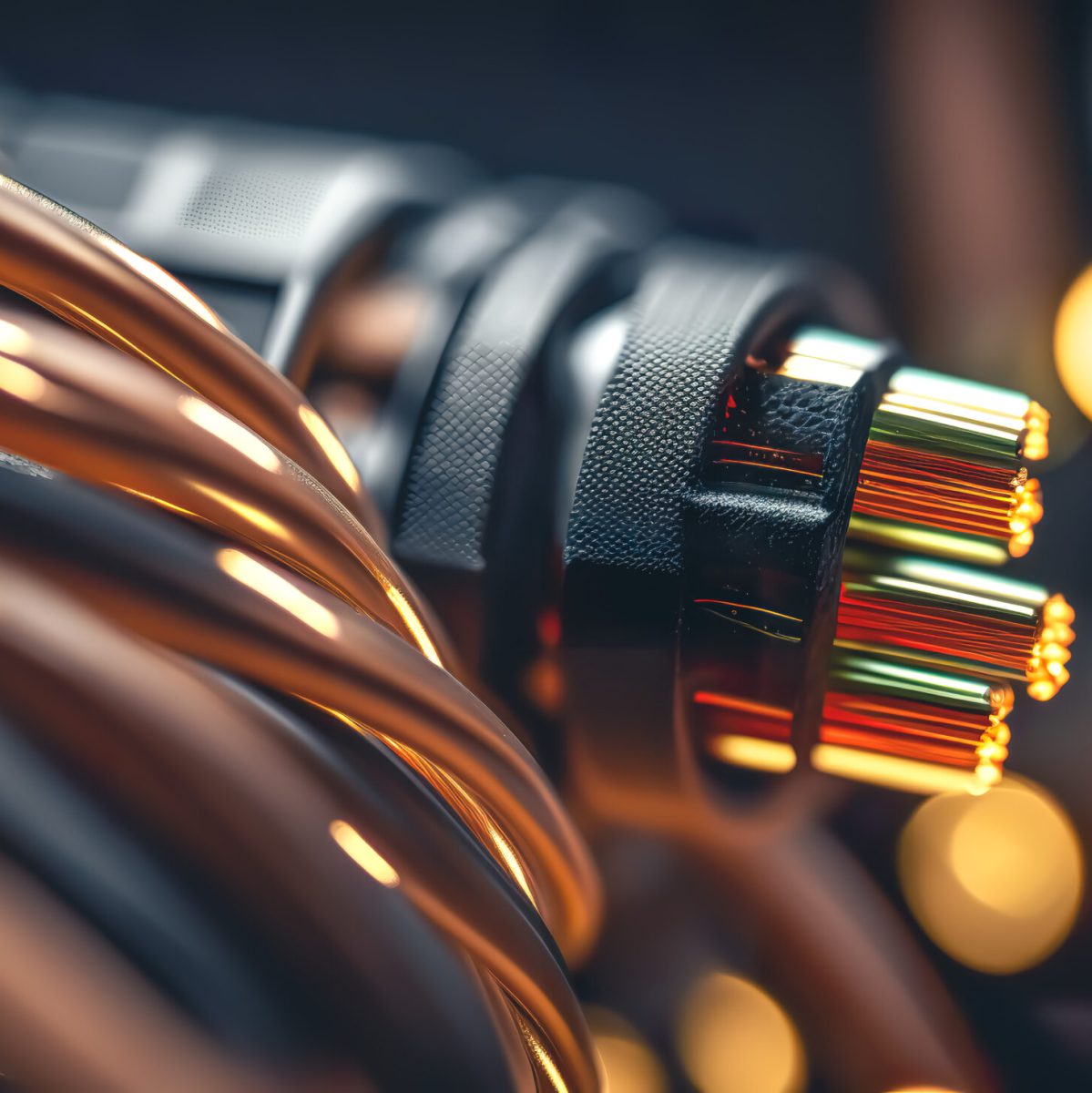 Electrical copper wires, network curved power cable, electrics concept.