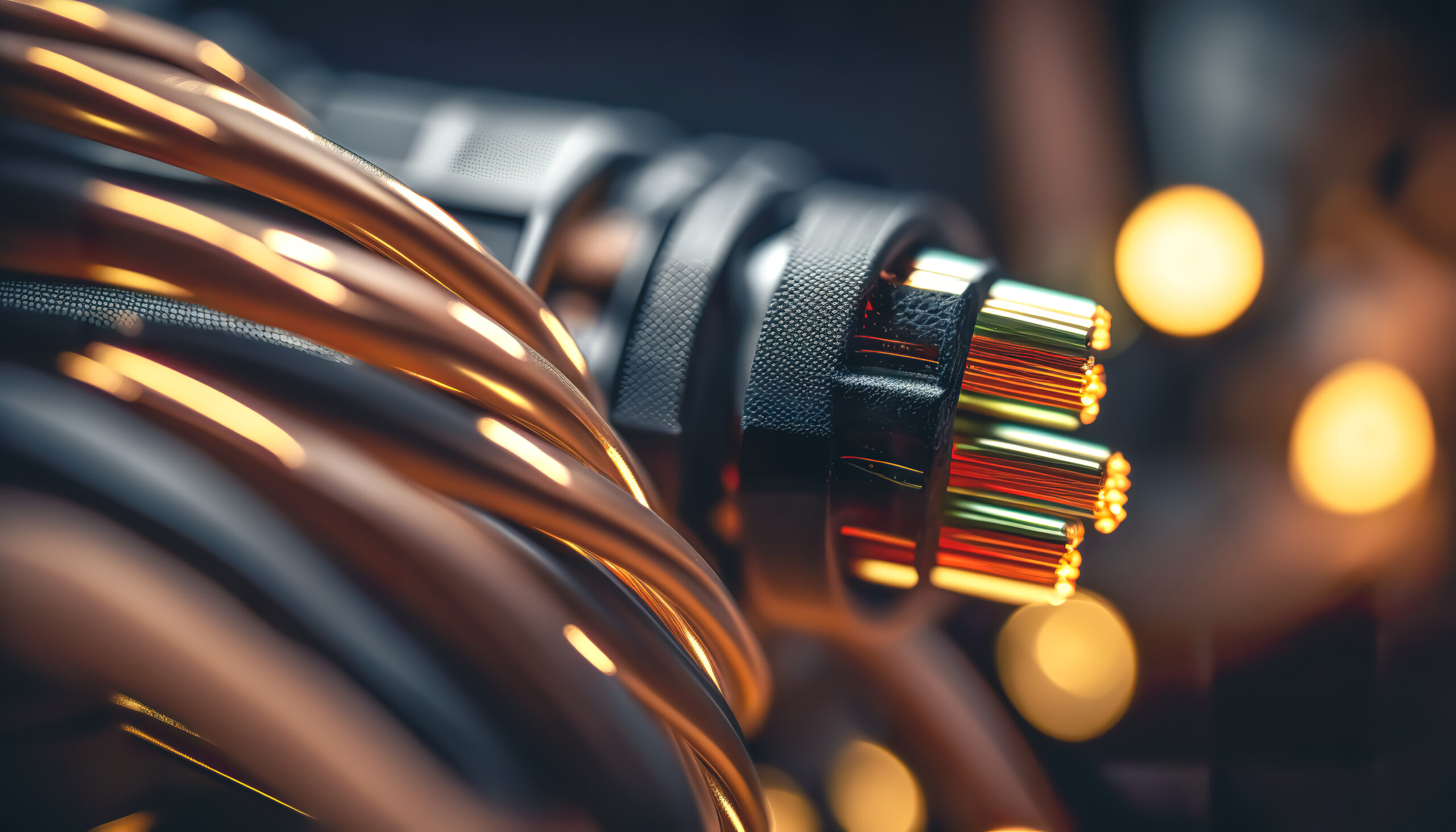 Electrical copper wires, network curved power cable, electrics concept.